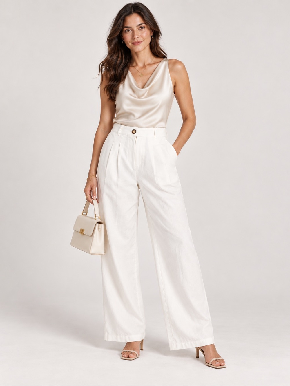 CAARA White Pleated Wide Leg Linen Blend Pants XS High Rise Trousers